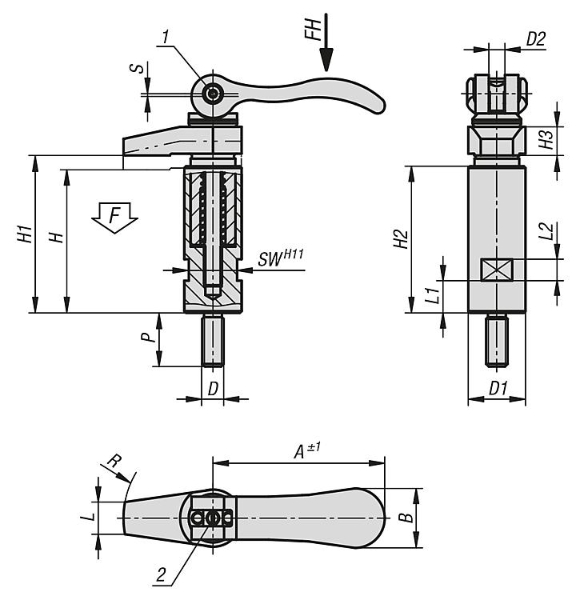 HOOK CLAMP W. COLLAR, WITH CAM LEVER, M12, D1=32, P=30, CARBON STEEL 