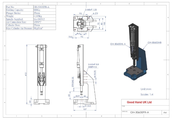 Pneumatic Toggle Press Plunger Stroke 25mm Size 600Kg