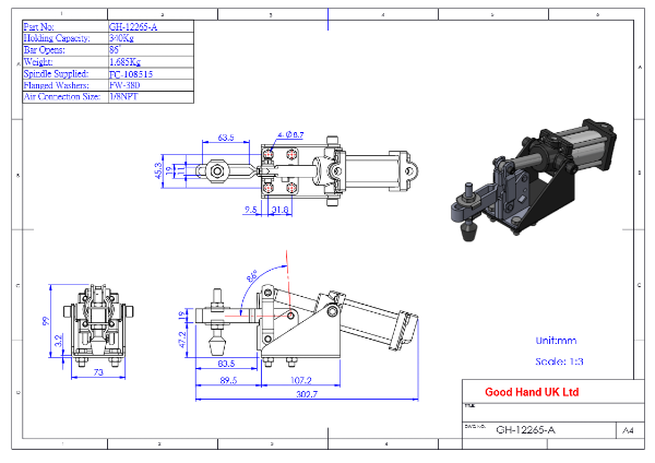 Pneumatically Operated Vertical Toggle Clamp Size 340Kg