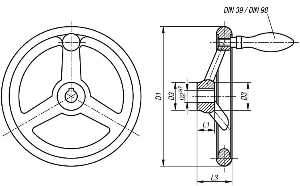 Handwheels DIN 950 grey cast iron, with fixed grip Drawing