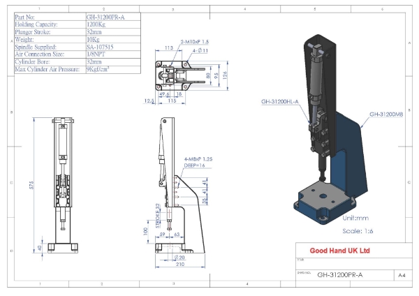 Pneumatic Toggle Press Plunger Stroke 32mm Size 1200Kg